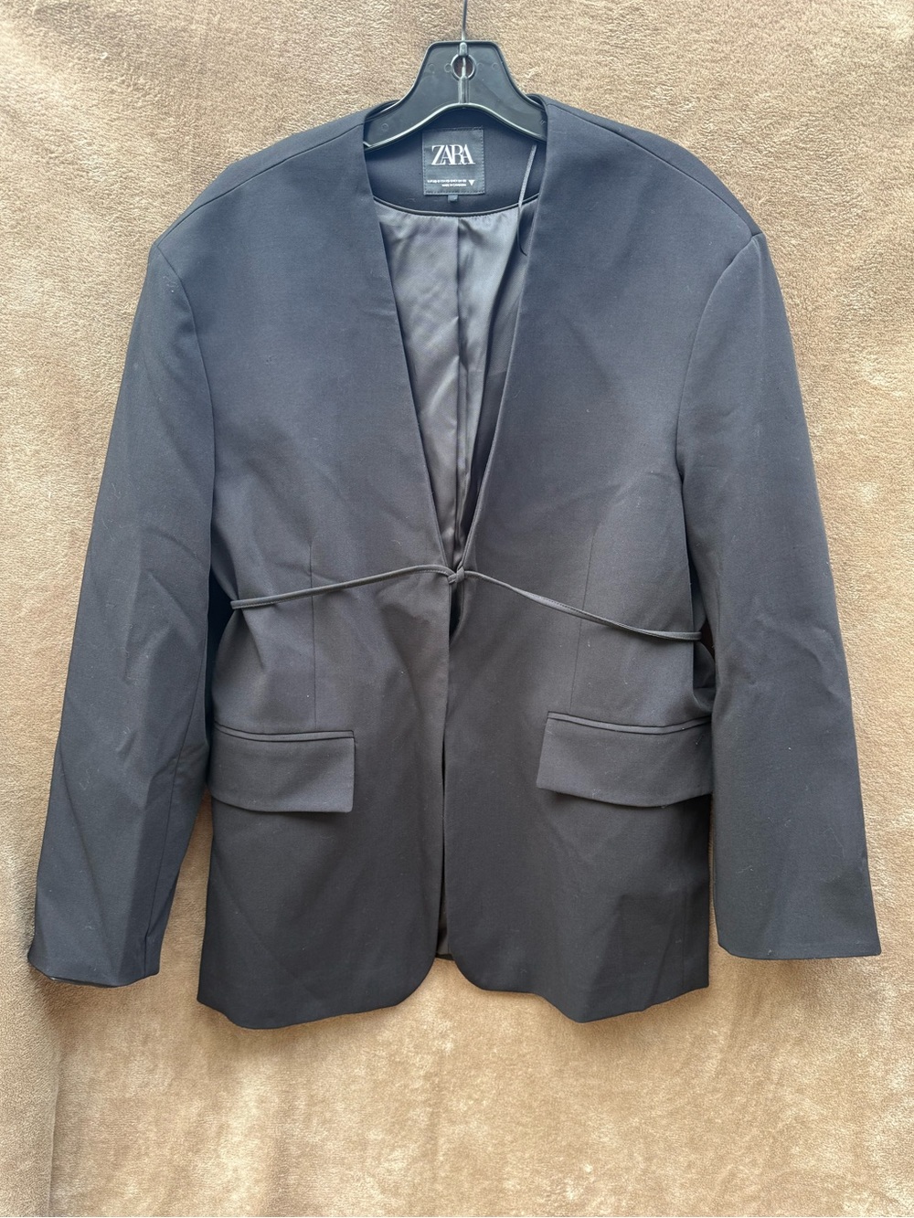 ZARA Black collarless tie front oversized blazer jacket